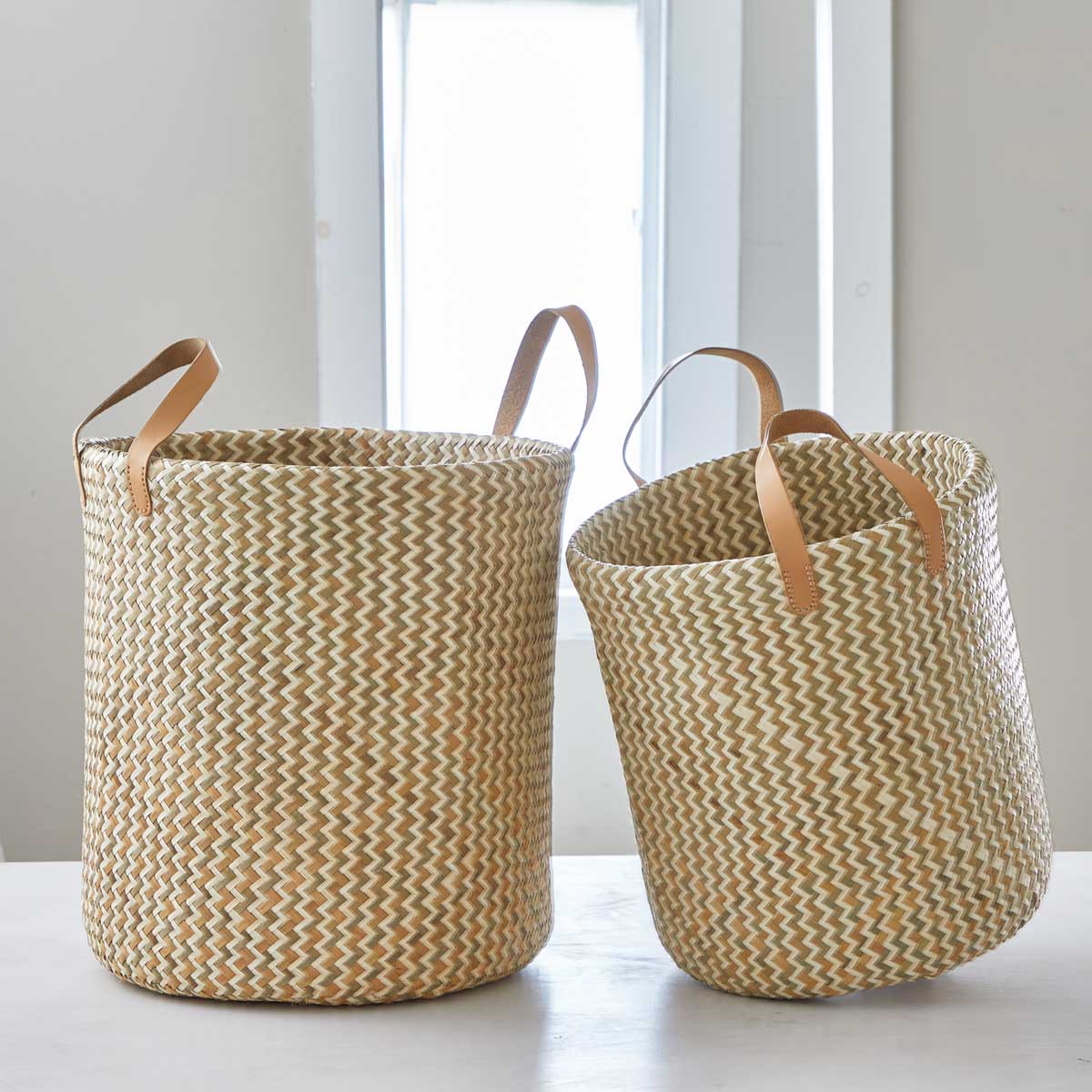HANDWOVEN BASKETS with LEATHER HANDLES