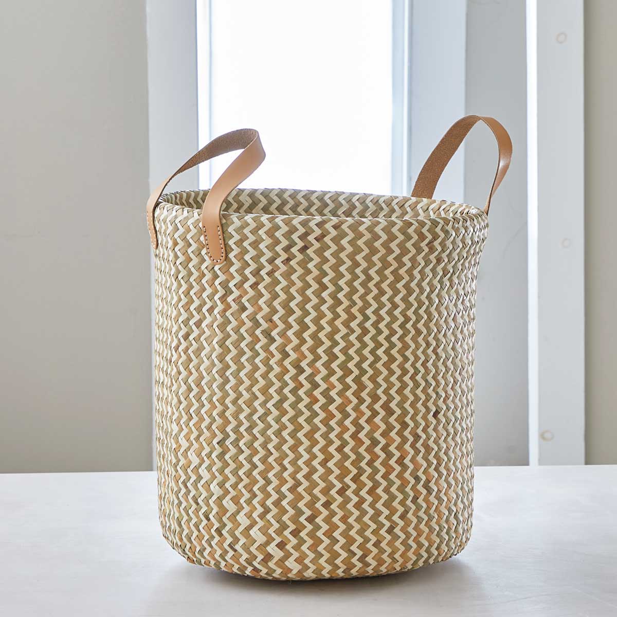 HANDWOVEN BASKETS with LEATHER HANDLES