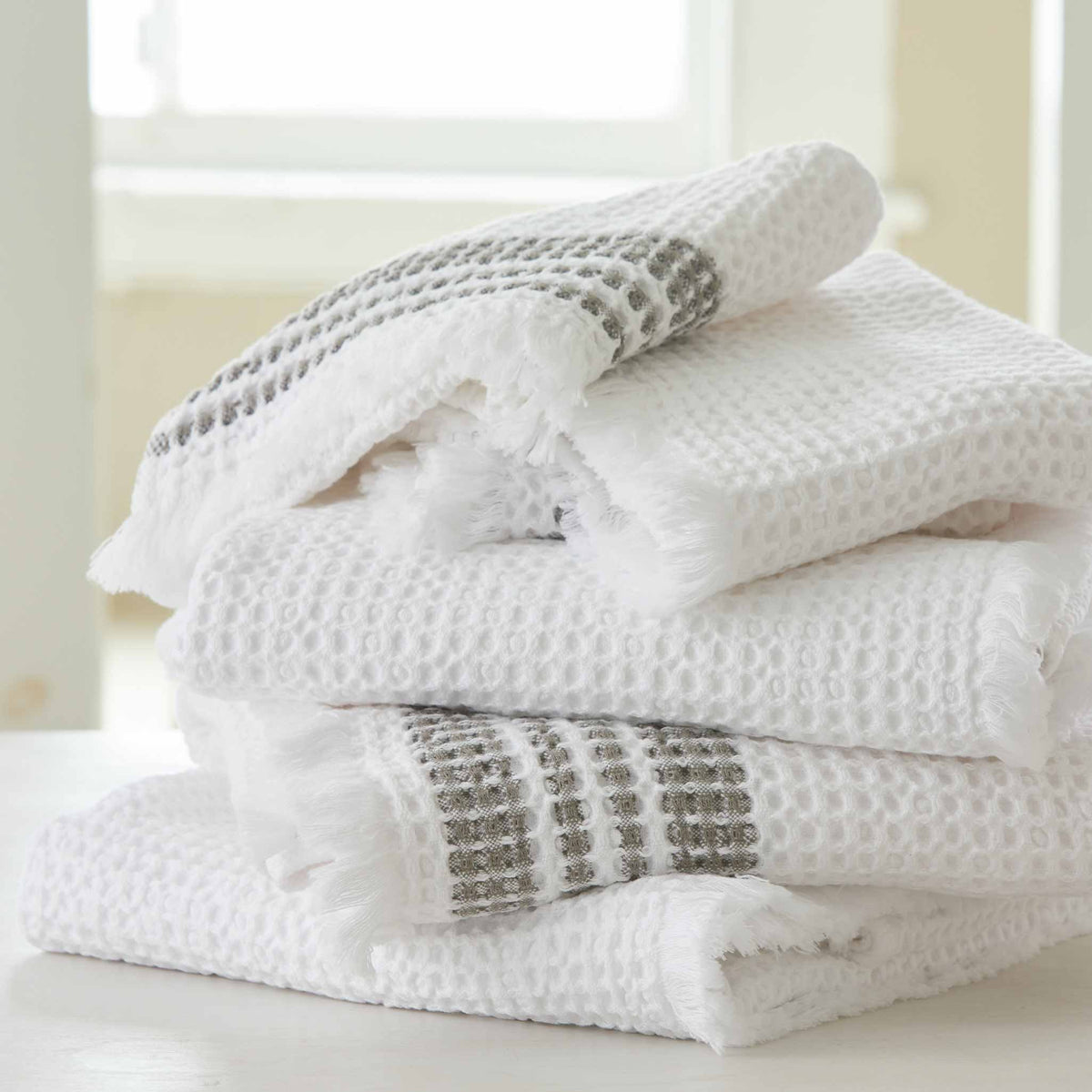 HANDWOVEN GIANT WAFFLE TOWELS-WHITE with GREY STRIPES
