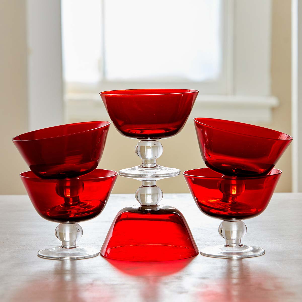 VINTAGE RED GLASS COUPES - SET of 6