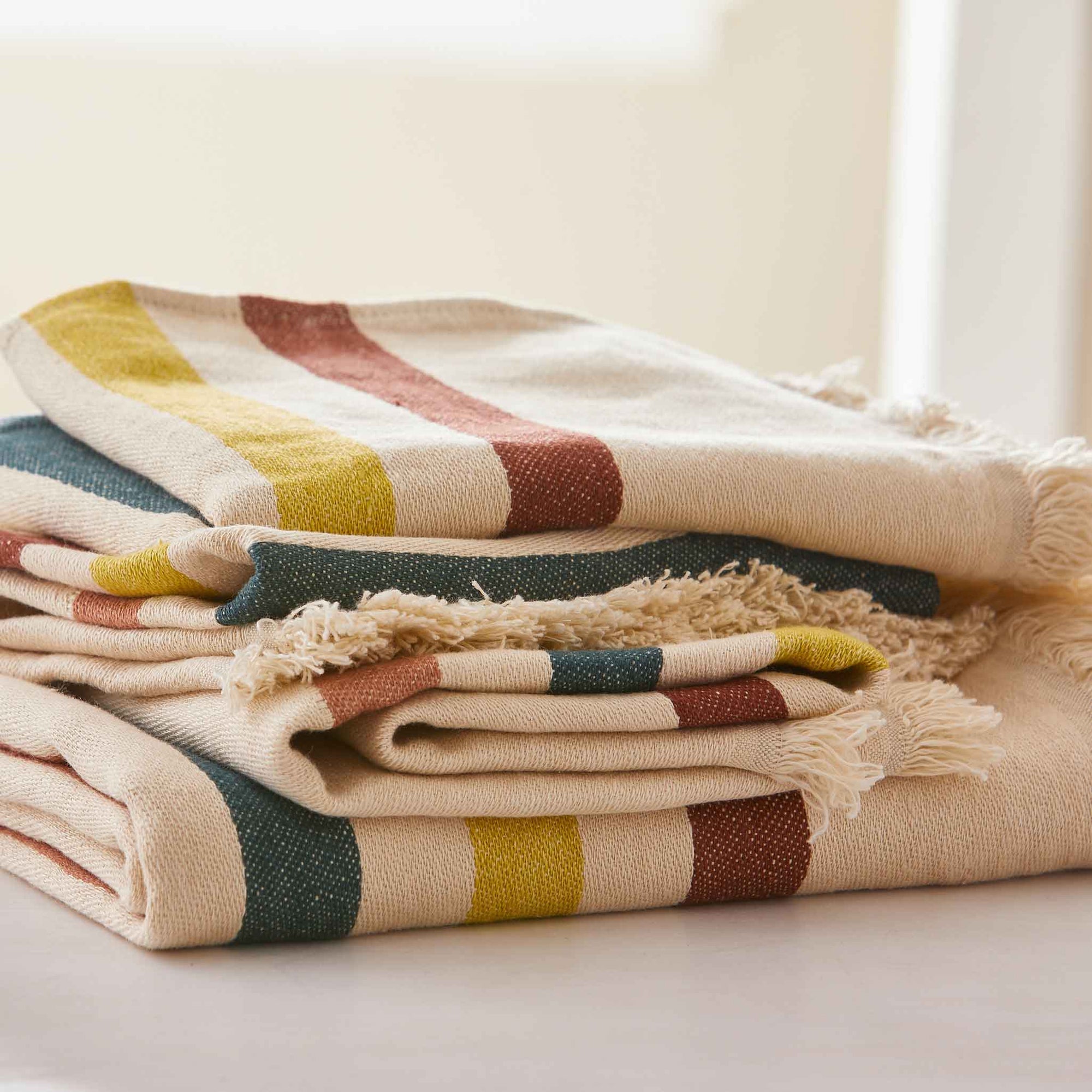 HANDWOVEN GIANT WAFFLE TOWELS-WHITE with GREY STRIPES - Privet
