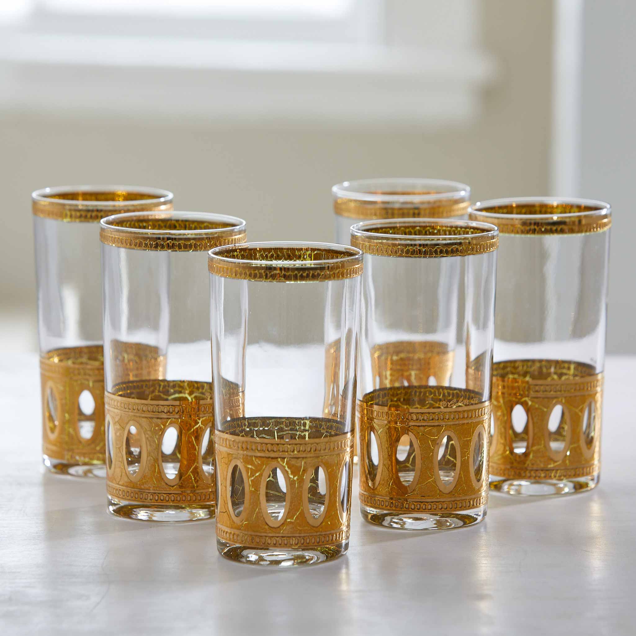 Vintage Culver Gold top Cinnabar Iris Highball Tumblers Set of 6-MCM Barware